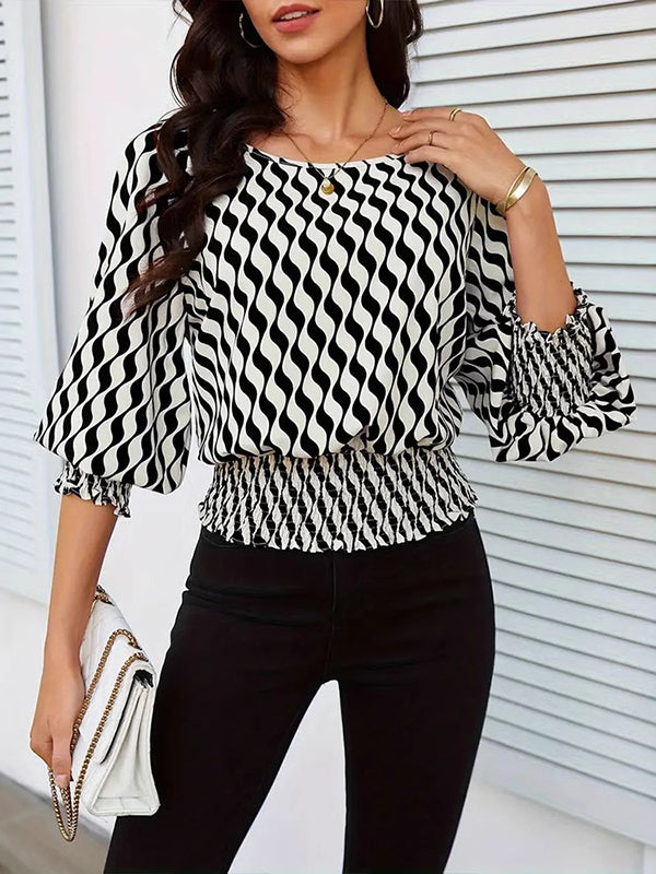 Loose Puff Sleeves Elasticity Printed Split-Joint Round-Neck Blouses&Shirts Tops