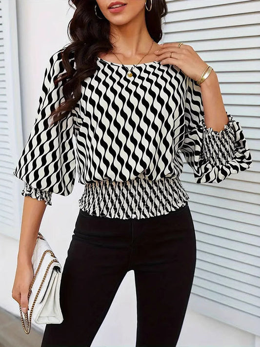 Loose Puff Sleeves Elasticity Printed Split-Joint Round-Neck Blouses&Shirts Tops