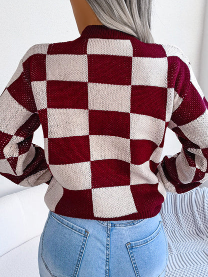 Long Sleeves Loose Contrast Color Plaid Round-Neck Sweater Tops