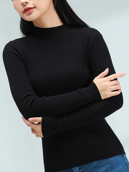 Long Sleeves Skinny Solid Color Mock Neck Knitwear Pullovers Sweater Tops