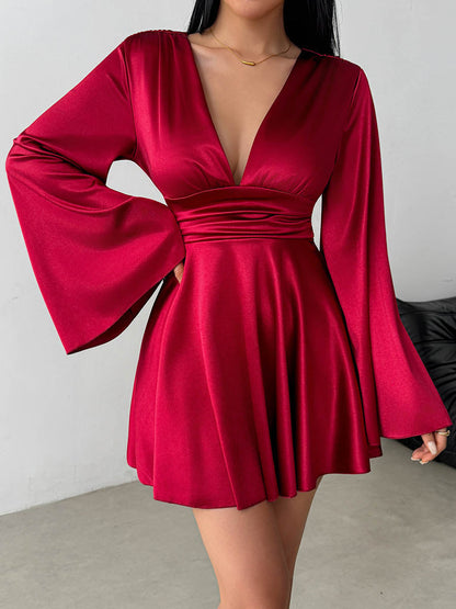 Bodycon Elasticated Waist Solid Color Deep V-Neck Mini Dresses