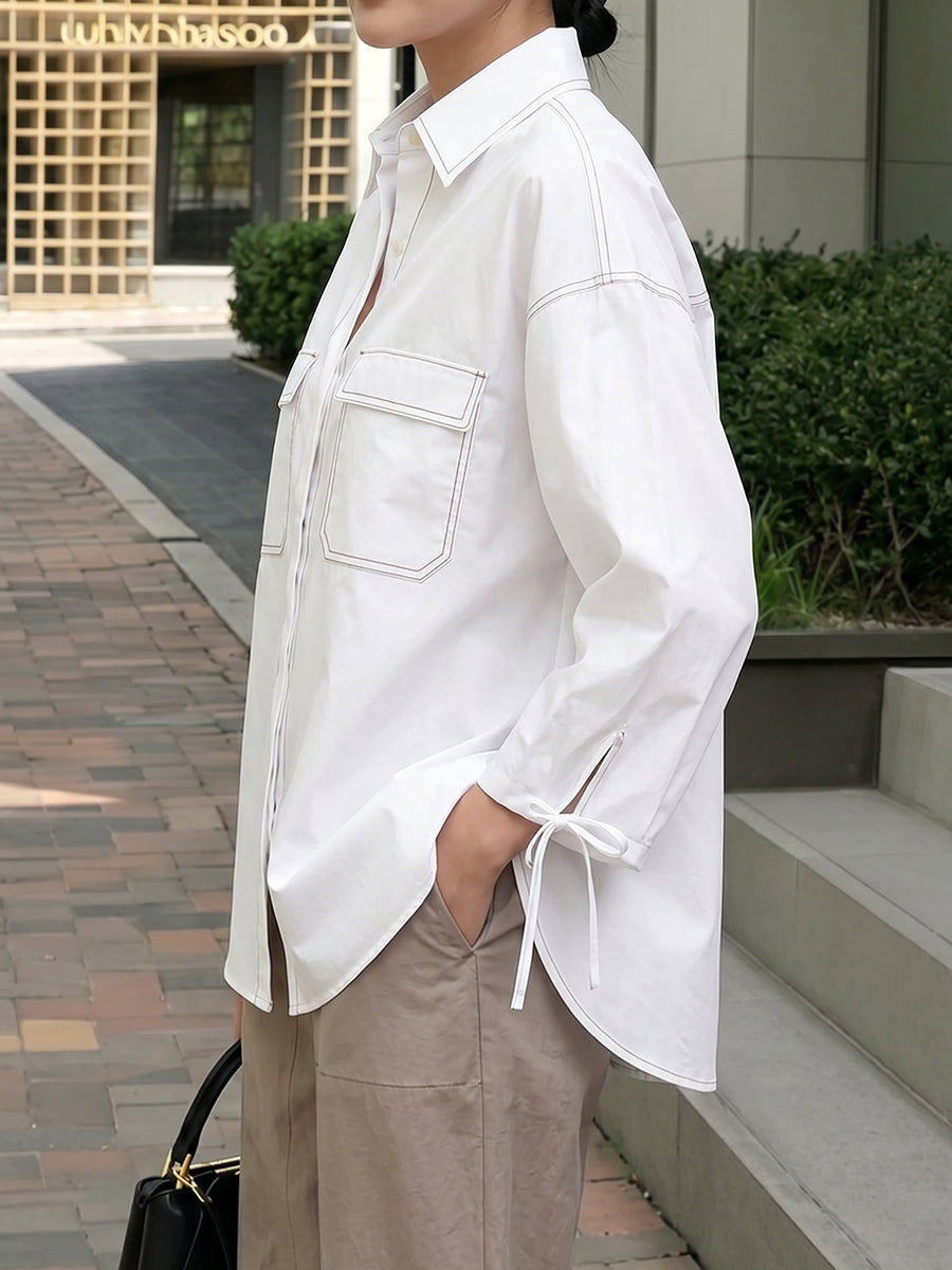 Loose Seven-Quarter Sleeves Buttoned Line Pockets Solid Color Tied Lapel Blouses&Shirts Tops