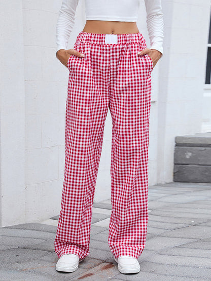 Elasticated Waist High Waisted Contrast Color Plaid Pockets Split-Joint Pants Trousers