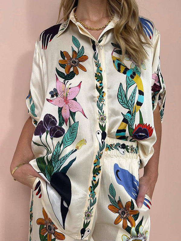 Half Sleeves Loose Buttoned Flower Print Pockets Lapel T-Shirt Top + Drawstring Elasticity Pants Bottom Two Pieces Set