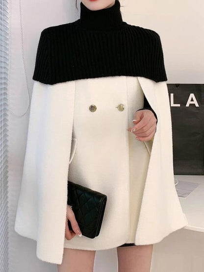 Loose Buttoned Contrast Color Split-Joint High Neck Woolen Coat