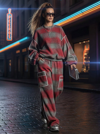 Loose Wide Leg Contrast Color Line Pockets Split-Joint Striped Pants