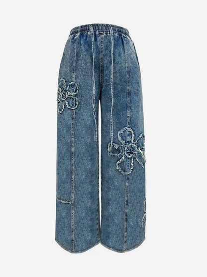 High Waisted Loose Drawstring Elasticity Flower Shape Fringed Solid Color Jean Pants Bottoms