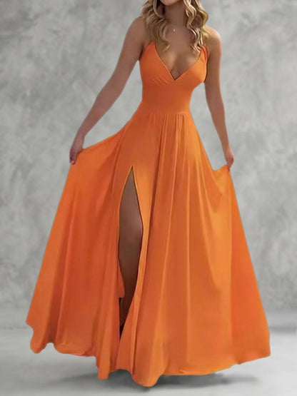 Bodycon High Waisted Pleated Solid Color Split-Joint Split-side Spaghetti-Neck Maxi Dresses