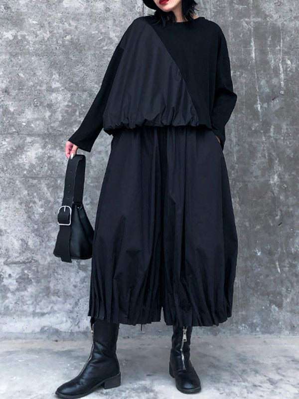 Solid Color Loose Long Sleeves Asymmetric Pleated Split-Joint Round-Neck Shirts Top +  Pants Bottom Two Pieces Set