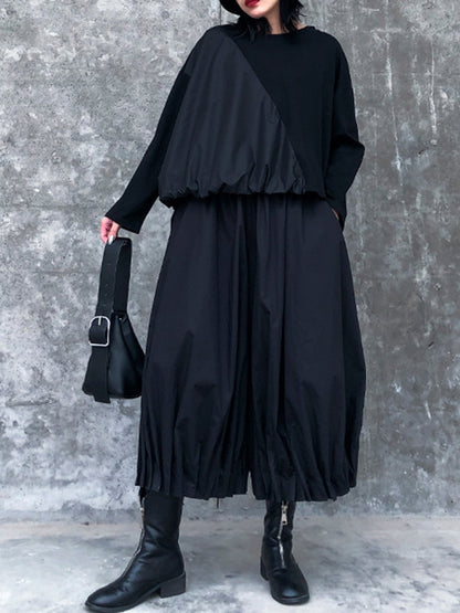 Solid Color Loose Long Sleeves Asymmetric Pleated Split-Joint Round-Neck Shirts Top +  Pants Bottom Two Pieces Set