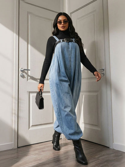 Solid Color Elasticity Belted Wide Leg Sleeveless Spaghetti-Neck Overalls