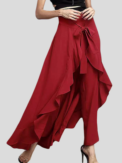 Loose Ruffle Trim Solid Color Split-Joint Tied Waist Zipper Culotte