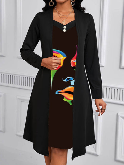 A-Line False Two Buttoned Contrast Color Human Pattern Print Split-Joint Square-Neck Midi Dresses
