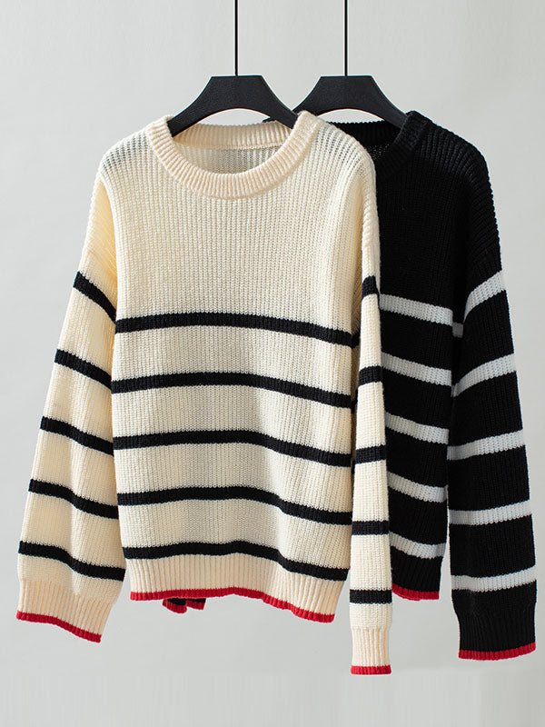 Long Sleeves Loose Contrast Color Split-Joint Striped Round-Neck Pullovers Sweater Tops
