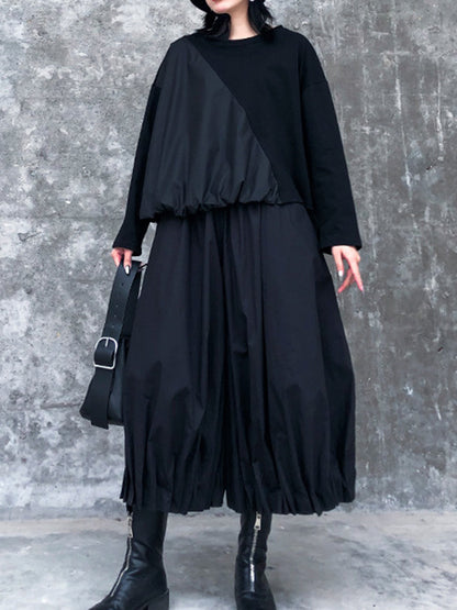 Solid Color Loose Long Sleeves Asymmetric Pleated Split-Joint Round-Neck Shirts Top +  Pants Bottom Two Pieces Set