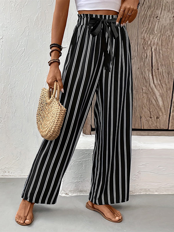 High Waisted Loose Contrast Color Pockets Striped Tied Waist Pants Trousers