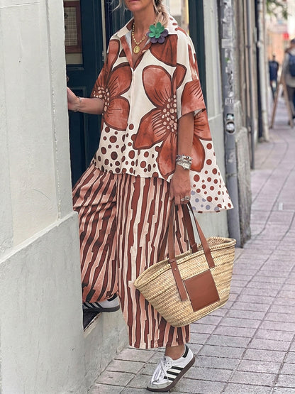 Half Sleeves Buttoned Flower Print Polka-Dot Lapel Blouses&Shirts Tops + High Waisted Pants Trousers Two Pieces Set