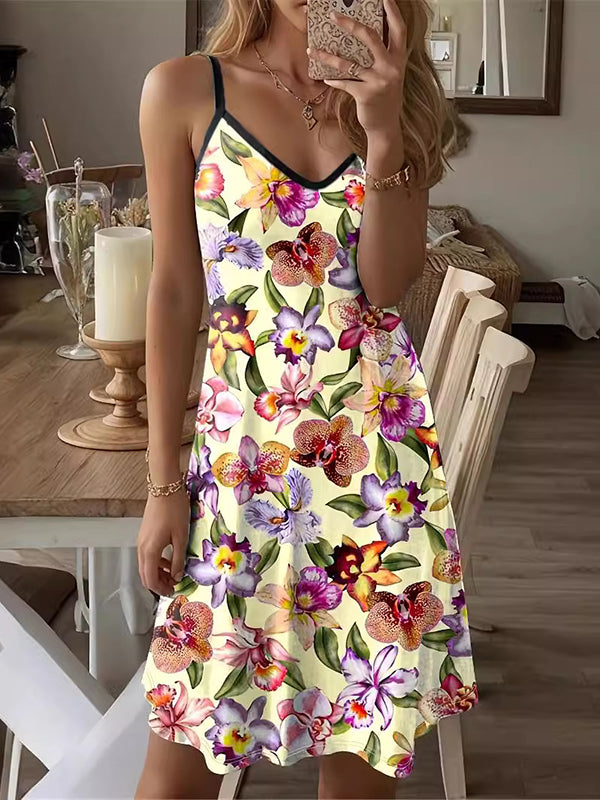 Loose Sleeveless Flower Print Spaghetti-Neck Mini Dresses