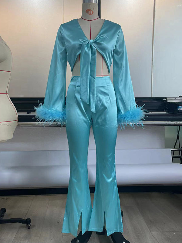 Long Sleeves Fringed Knot Solid Color Deep V-Neck Shirts Top + High Waisted Split-Front Pants Bottom Two Pieces Set