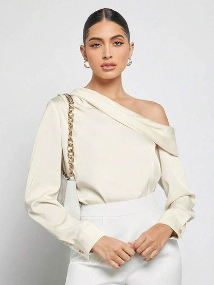 Long Sleeves Skinny Pleated Solid Color Split-Joint One-Shoulder Blouses&Shirts Tops
