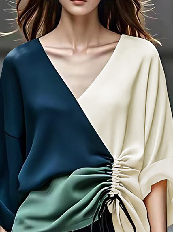 Long Sleeves Loose Color-Block Contrast Color Drawstring Elasticity V-Neck Blouses&Shirts Tops