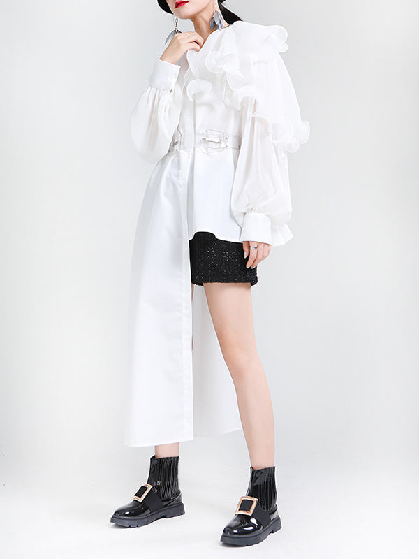 Long Sleeves Loose Asymmetric Pleated Solid Color Split-Joint Falbala Lapel Blouses&Shirts Tops