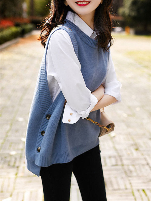Casual Sleeveless Loose Solid Color Round-Neck Knitting Vest Outerwear