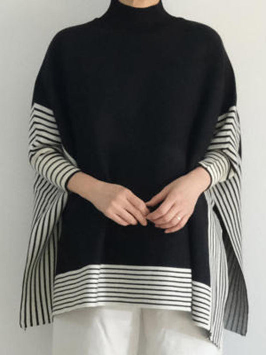 Batwing Sleeves Loose Split-Joint Split-Side Striped High Neck Sweater