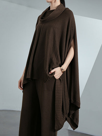 High-Low Long Sleeves Solid Color Heaps Collar Pullovers Sweater Tops