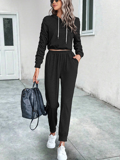 Solid Color Long Sleeves Pleated V-Neck Hoodies Top + Drawstring Elasticity Pants Bottom Two Pieces Set