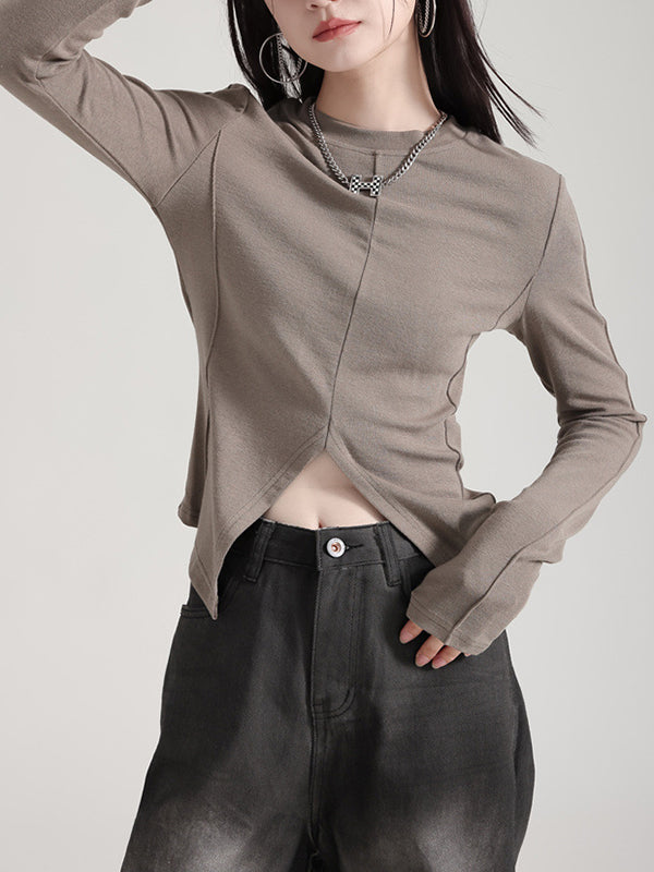 Long Sleeves Skinny Solid Color Split-Front Round-Neck T-Shirts Tops