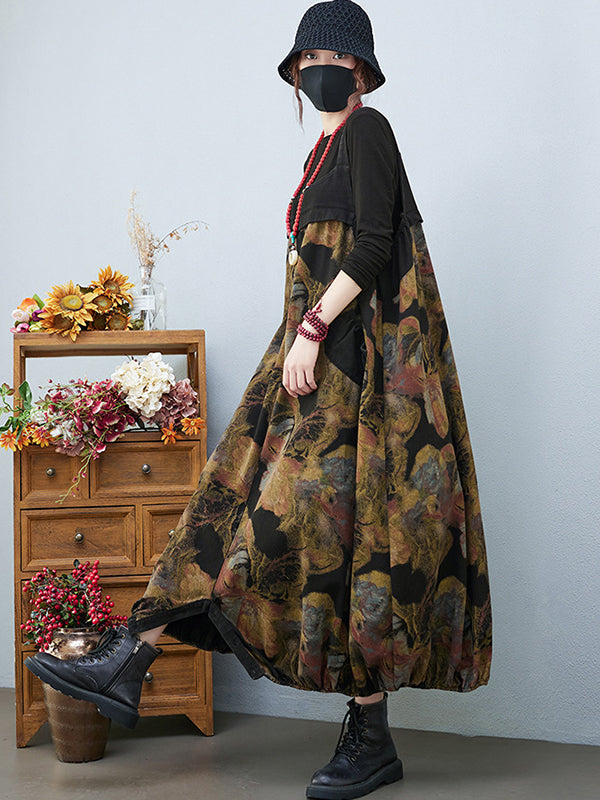 Artistic Retro Vintage Loose Floral Printed Square-Neck Sleeveless Overalls