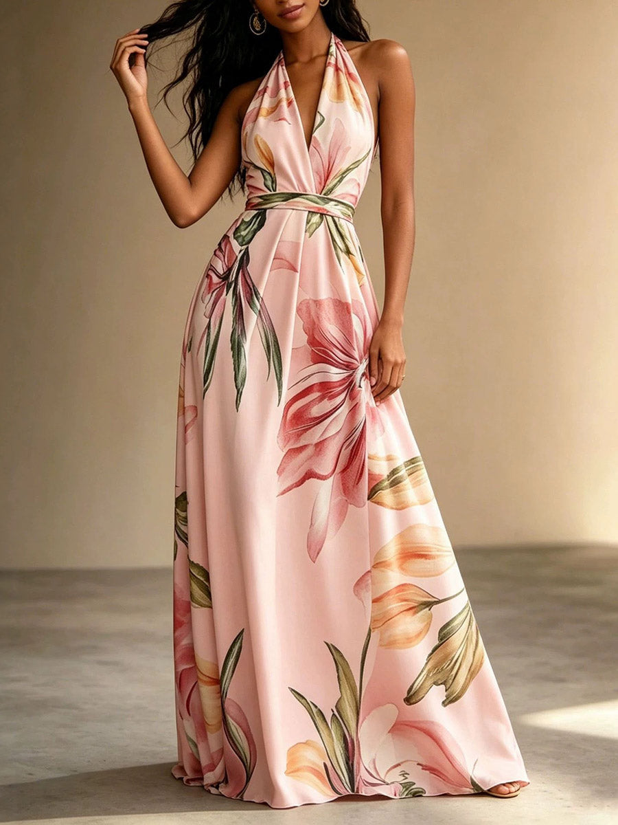 Flower Print Drawstring Contrast Color Backless Sleeveless Loose V-neck Midi Dresses