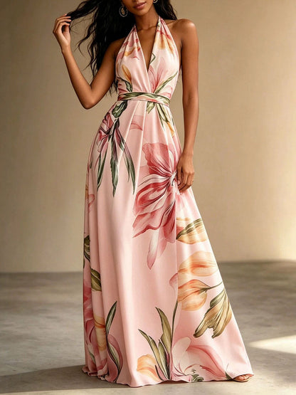 Flower Print Drawstring Contrast Color Backless Sleeveless Loose V-neck Midi Dresses