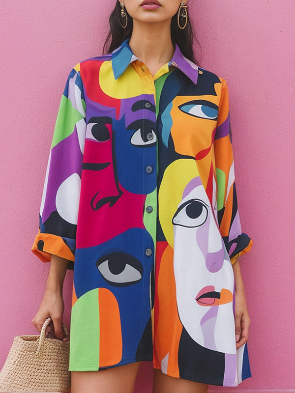 Long Sleeves Loose Abstract Printed Asymmetric Split-Joint Lapel Mini Dresses Shirt Dress