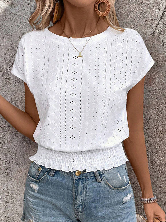 Loose Short Sleeves Elasticity Hollow Jacquard Solid Color Round-Neck T-Shirts Tops