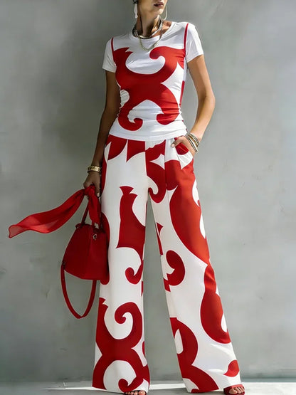 High Waisted Loose Contrast Color Pockets Printed Split-Joint Pants Trousers