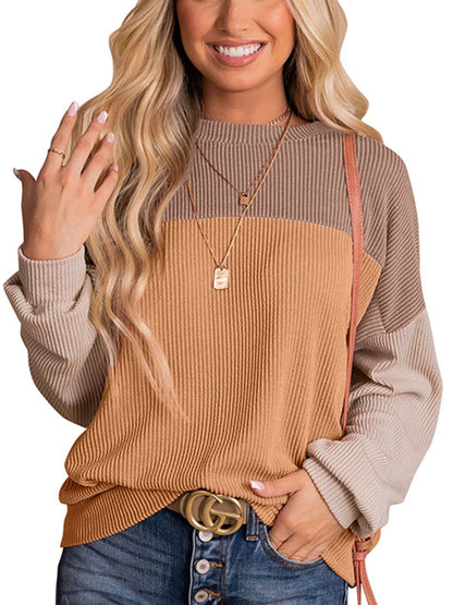 Long Sleeves Loose Contrast Color Round-Neck Sweatshirt Tops