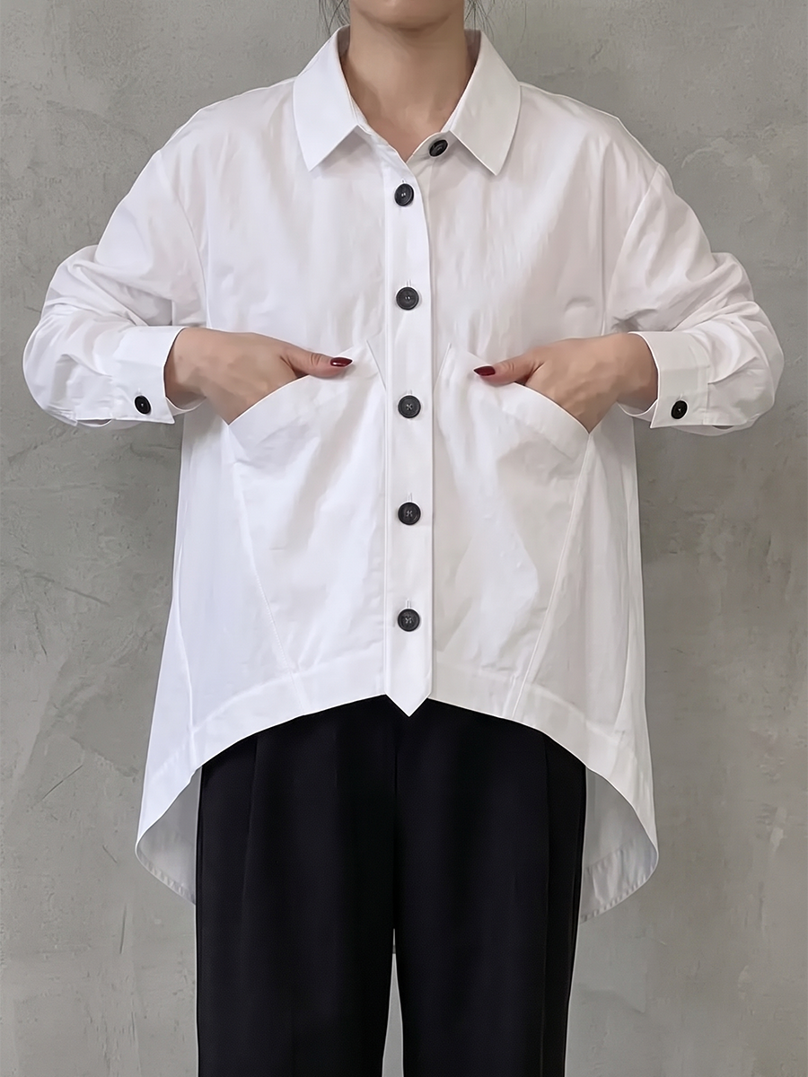Solid Color Pockets Buttoned Long Sleeves High-low Lapel Blouses&shirts Tops