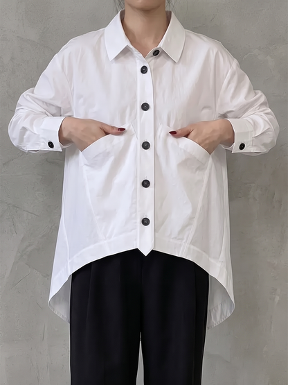 Solid Color Pockets Buttoned Long Sleeves High-low Lapel Blouses&shirts Tops