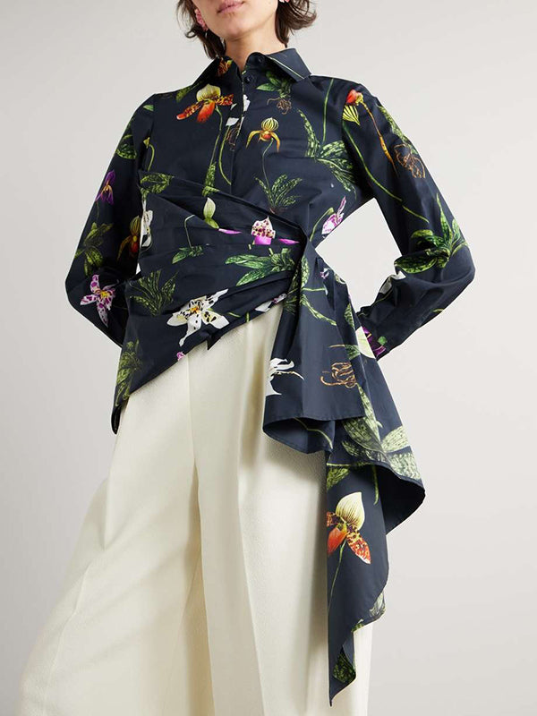 Long Sleeves Loose Asymmetric Flower Print Split-Joint Lapel Blouses&Shirts Tops