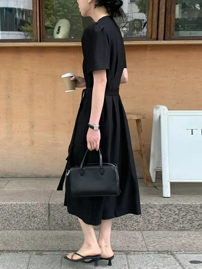 A-Line Loose Buttoned Solid Color Split-Joint Tied Waist V-Neck Midi Dresses