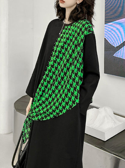 A-Line Long Sleeves Asymmetric Contrast Color Houndstooth Split-Joint Round-Neck Midi Dresses