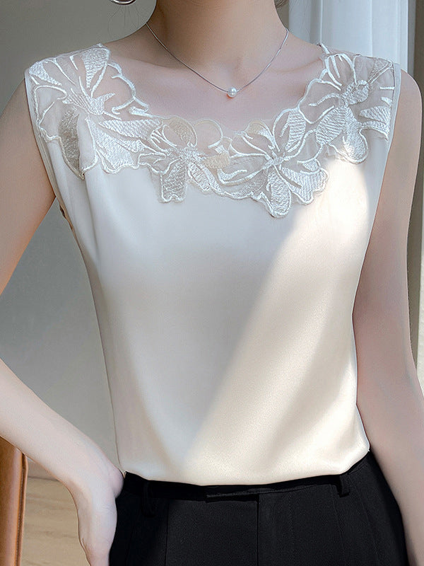 Loose Plus Size See-Through Solid Color Split-Joint Round-Neck Vest Top