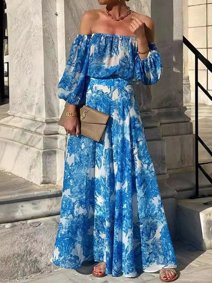 Long Sleeves Puff Sleeves Contrast Color High-Waisted Pleated Printed Split-Joint Off-The-Shoulder Maxi Dresses