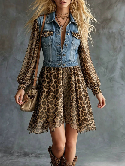 Long Sleeves Loose Buttoned Leopard Pockets Split-Joint Lapel Mini Dresses