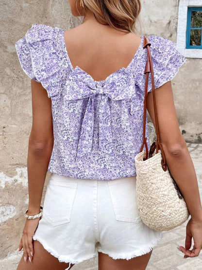 Ruffle Sleeves Short Sleeves Backless Bow-Embellished Flower Print Pleated Square-Neck Blouses&Shirts Tops