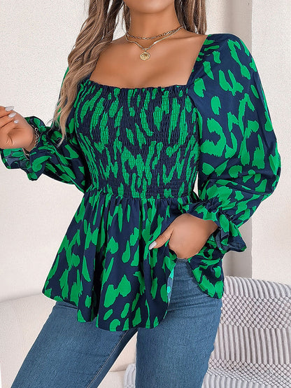 Long Sleeves Puff Sleeves Leopard Pleated Ruffled Square-Neck T-Shirts Tops