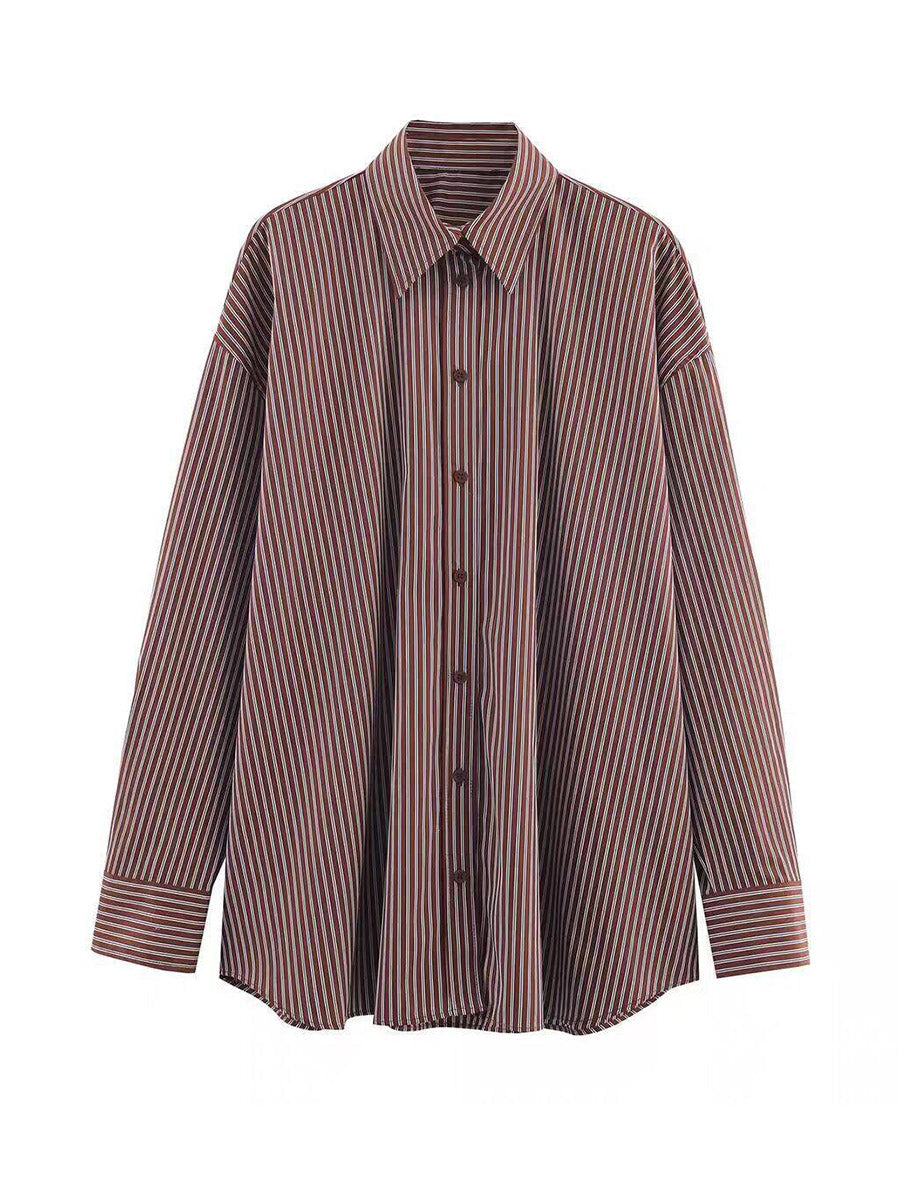 Striped Contrast Color Buttoned Loose Long Sleeves Lapel Blouses&shirts Tops