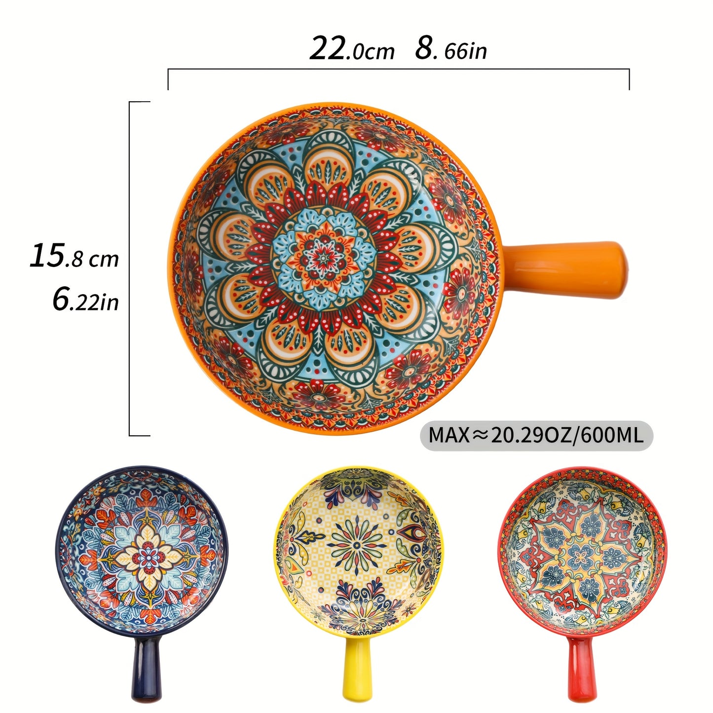 NTKOW 1 Set Of 4pcs The Underglaze Bohemian Carved-handle Bowl Blends Beauty And Practicality. Its Unique Underglaze Craft Ensures Lasting Bright Hues And Safety. The Smooth Carved Handle, Adding Art, Is Easy to Hold for Home